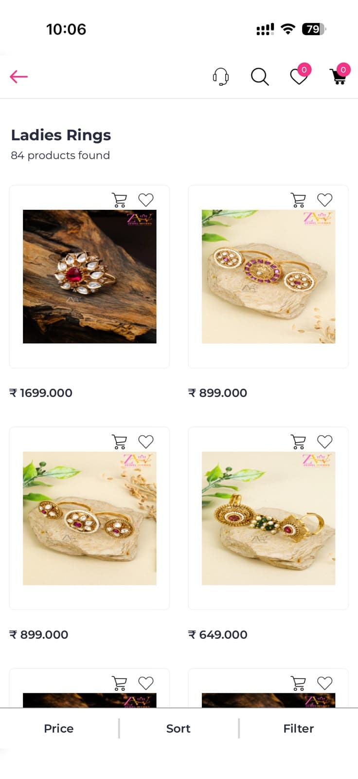 Ladies rings listing with prices, cart and wishlist